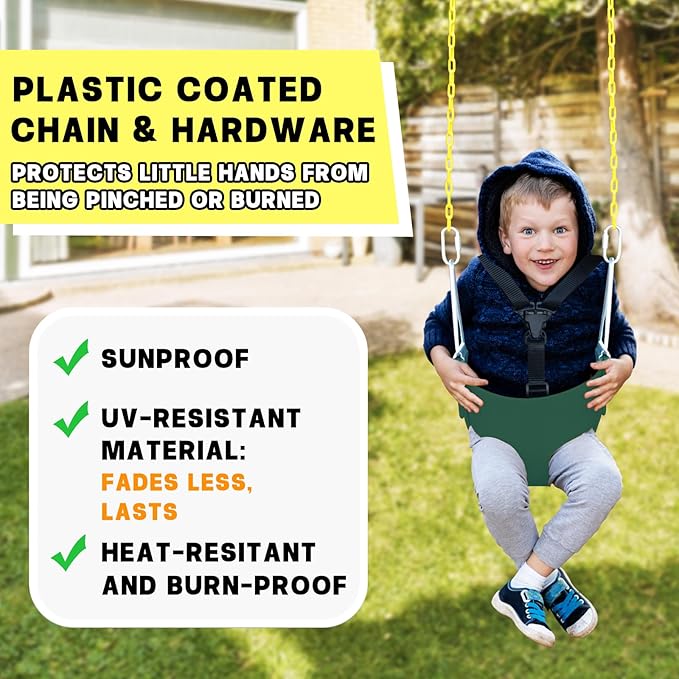 High Back Full Bucket Toddler Swing Seat with 3- Point Adjustable Safety Harness, 66 inch Detachable Chain,Suitable for Babies Aged 6-24 Months，Baby Swing for Swingset (Green)