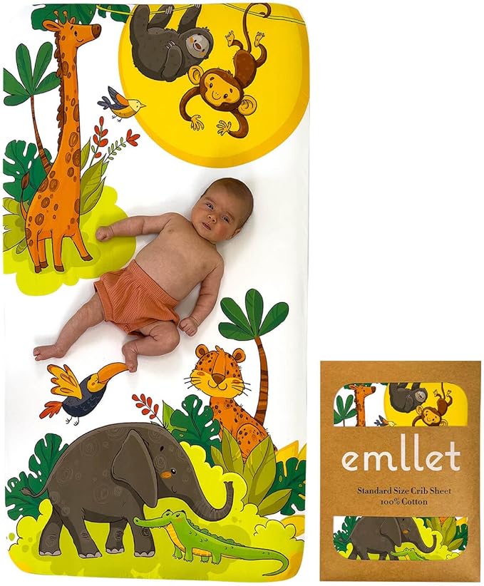 100% Cotton Crib Sheet – “Safari Friends” Jungle Animals Theme, Cute Breathable Bedding for Babies, Fits Standard Crib 52x28 Inches