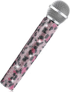 Sanwuta Fake Microphone Prop Sparkly Bling Rhinestones Plastic Play Microphone Pretend Glitter Bedazzled Mic for Cosplay Party Costume(Pink Leopard)