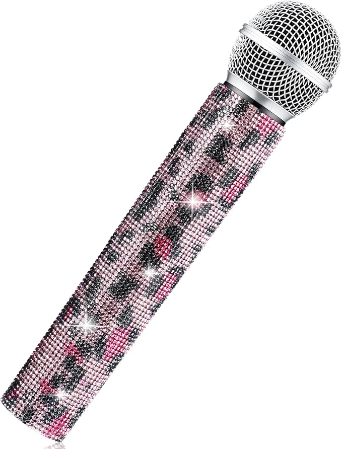 Sanwuta Fake Microphone Prop Sparkly Bling Rhinestones Plastic Play Microphone Pretend Glitter Bedazzled Mic for Cosplay Party Costume(Pink Leopard)