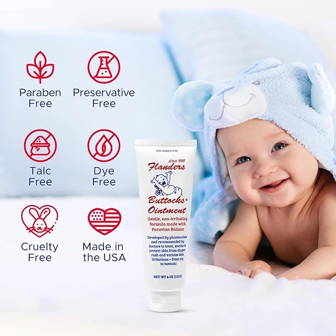 Flanders Buttocks Ointment - Diaper Rash Cream for Treatment & Prevention, Pharmacist Developed, Heat Rash & Chafing in Infants to Adults, Instant Relief (4oz Tube)