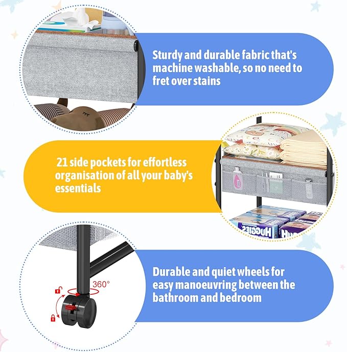 4-Tier Baby Diaper Caddy Cart Organizer,Mobile Nursery Baby Dresser Clothes Organizer with Wheels,with 2 Dividers & 21 Mesh Pockets，Metal Utility Cart for Nursery,Bedroom,Bathroom