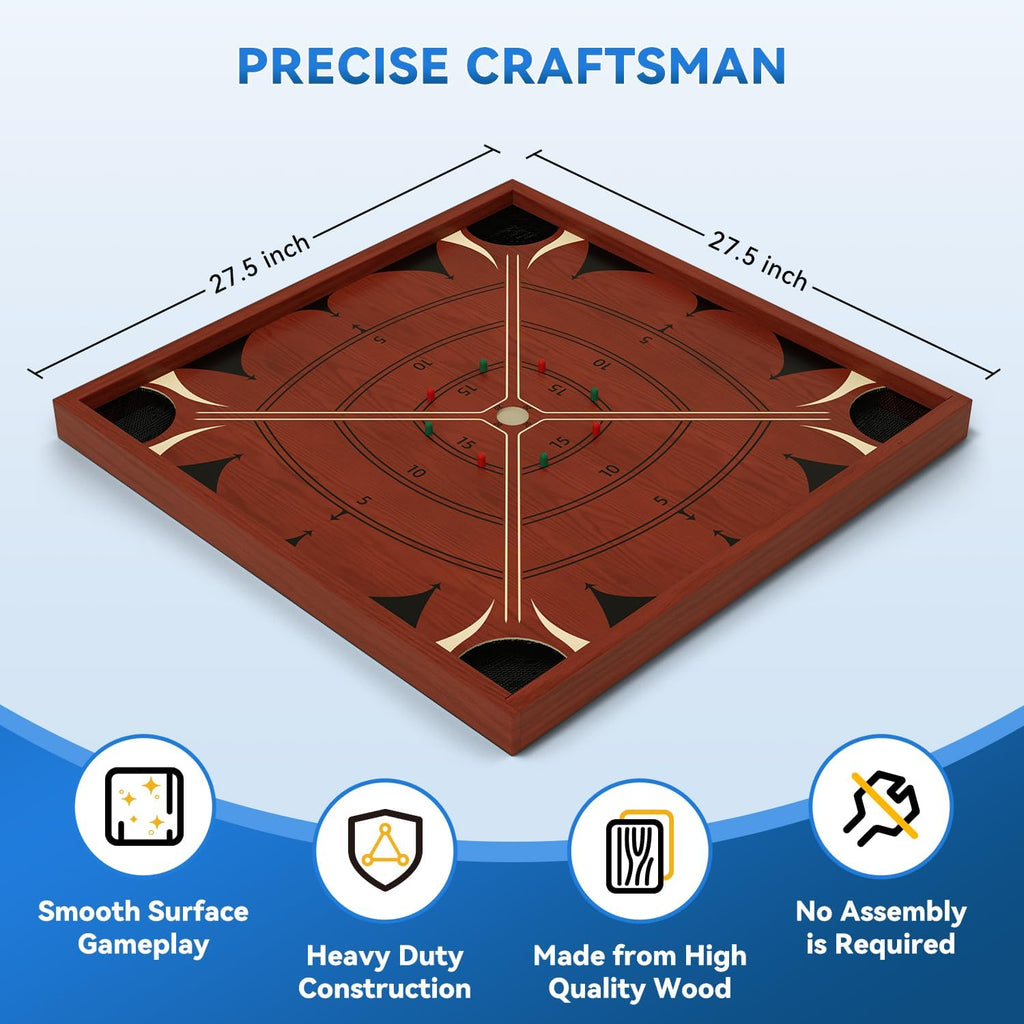 Board Game Set for Adults Family Night, 27.5 Inch Crokinole/Backgammon/Bowling Game/Tabletop Flicking Game with Discs, All in One Carron Board Game Set