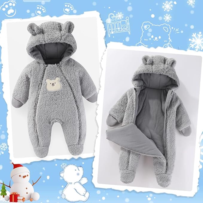 Fairy Baby Newborn Baby Winter Snowsuit Bear Thick Romper Footie Double Zip Hooded Jumpsuit Fleece Coat Infant Boy Girl 0-12M