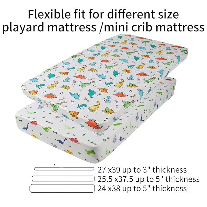 Onacosht Pack n Play Sheets 2 Pack for Baby Boy, Stretchy Jersey Knitted Portable Mini Crib Sheets Playard Mattress Cover, Dinosaur Printing