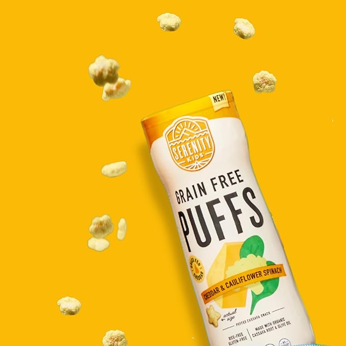 Serenity Kids 6+ Month Baby Food Puffs - White Cheddar & Cauliflower - Grain-Free, Gluten-Free & Allergen-Free - Organic Puffs for Baby - Cassava, Veggies & Herbs - 1.5 Oz, 6-Pack