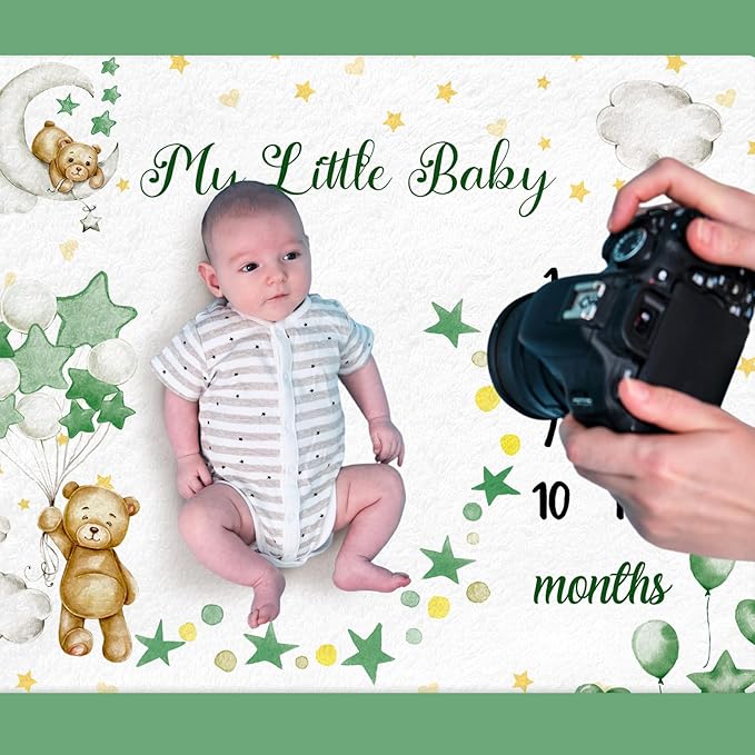Sleeping Bear Monthly Baby Milestone Blanket Bear Star Balloon Flannel Blanket Boy Newborn Infant Swaddle Growth Chart Baby with Frame for Boys Girls Nursery (Green)