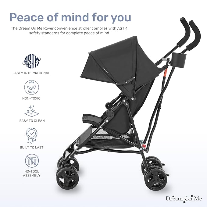 Dream On Me Rover Convenience Baby Stroller in Black, Lightweight & Compact Umbrella Stroller, Easy one-Hand fold Travel Stroller, Lockable Rear Wheels, Removable & Adjustable Canopy