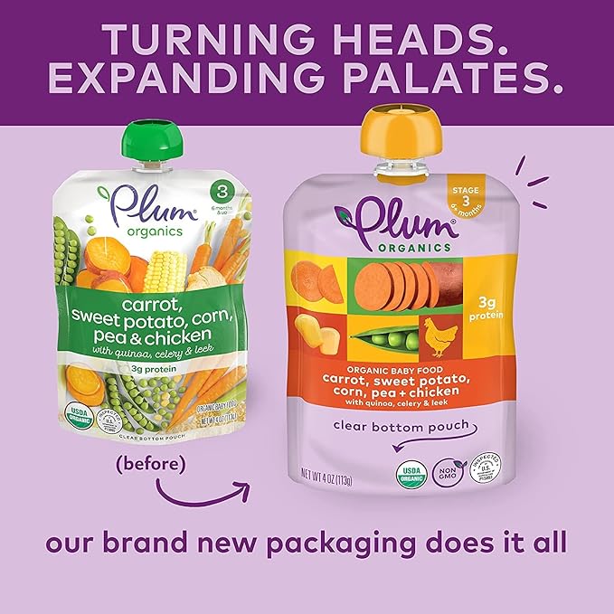 Plum Organics Stage 3 Organic Baby Food - Carrot, Sweet Potato, Corn, Pea, and Chicken - 4 oz Pouch - Organic Baby Food Pouch (Pack of 2)