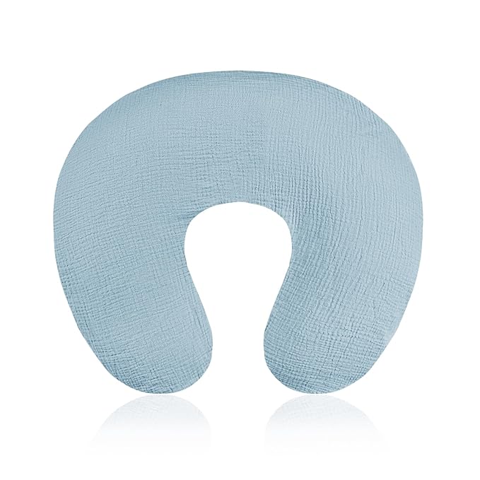 Baby Nursing Pillow Cover, Removeable Breastfeeding Pillow Slipcover, Muslin Nursing Case for Newborn Boys Girls, Soft Fabric Fits Snug On Infant, Washable & Breathable, Blue (Cover Only)