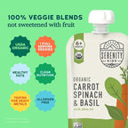 Serenity Kids 6+ Month Organic Veggie Puree Baby Snacks Pouches - Carrot, Spinach & Basil - No Sugar Added, BPA Free & Allergen Free Baby Puree Pouches - 3.5 Oz, 6 Pack