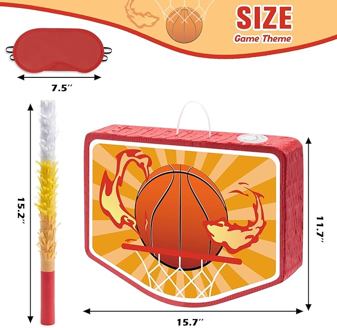 WERNNSAI Basketball Piñata - Basketball Party Supplies Piñata Bundle with Blindfold and Stick Sports Themed Party Supplies for Kids Carnival Events Basketball Party Decorations (15.8" x 11.8" x 3")