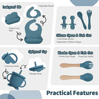 Baby Led Weaning Supplies, 17 Piece BPA-Free Silicone Feeding Set, Eating Essentials Baby Utensils with Suction Plate and Bowl, Pocket Bib, Sippy Cup with Lid, for 6+ Months, Blue