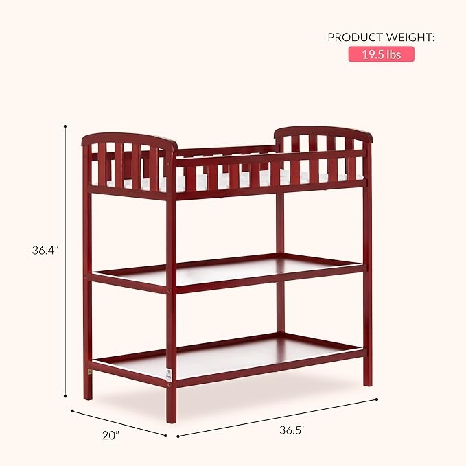 Dream On Me Emily Changing Table, Compact and Portable, Solid New Zealand Pinewood, Safety Rails, Two Storage Shelves, Includes Water-Resistant 1" Changing Pad — Cherry
