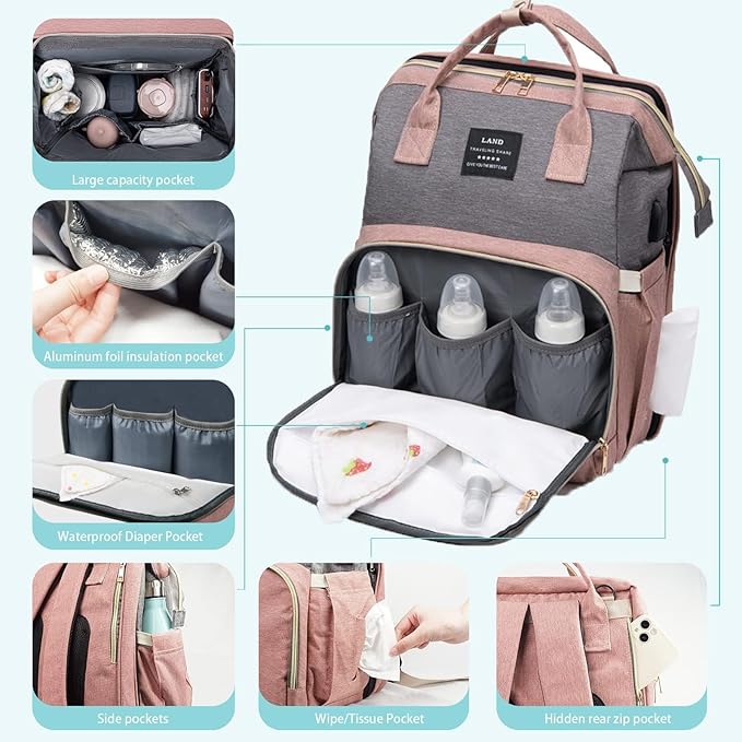 Diaper Bag with Changing Station, Baby Diaper Bag with USB Charging Port, Multi-functional Waterproof Travel Essentials Diaper Bag Backpack for Boys & Girls, Pink