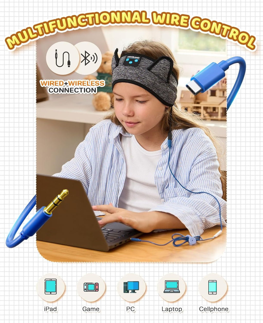 Kids Headphones, Bluetooth Headphones Adjustable Headband for Kids, Wireless and Wired Playback 3.5 MM Jack for School, Kids Headset for Girls Boys, Kindle Tablet Cellphones Airplane Travel Sleep