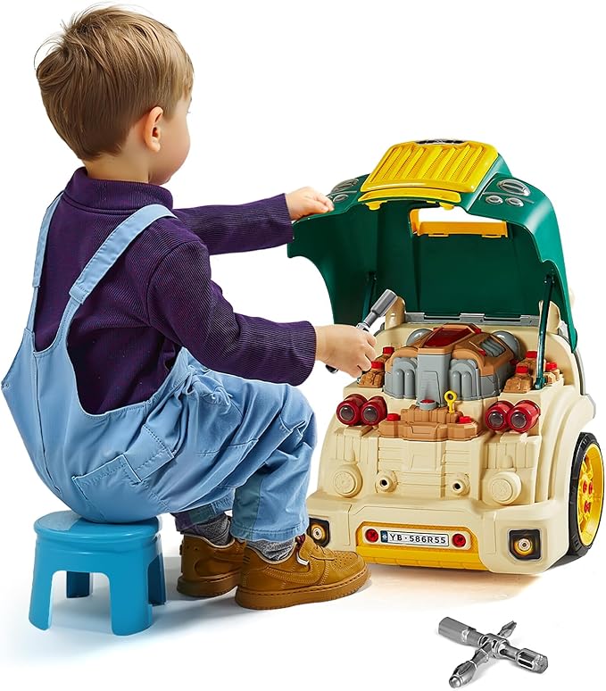 VEVOR Engine Toy, 60 Pieces, Kids Mechanic Car Repair Set with Removable Parts, Lights and Sounds, Steering Wheel and Horn, Kids Mechanic Workshop Set for Toddler Ages 3 Years and Up, Green