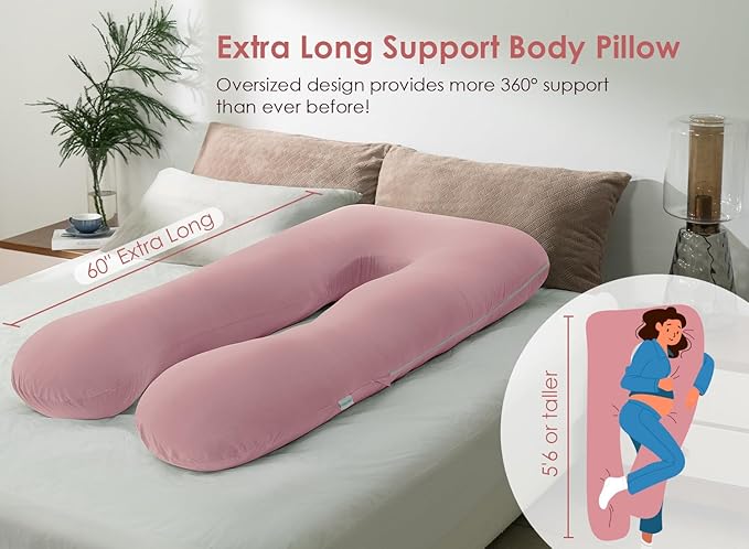QUEEN ROSE Extra Long Pregnancy Pillows, 60 Inch U Shaped Body Pillow for Sleeping, Cooling Maternity Pillow for Pregnant Women, Body Support for Adults, with Soft Silky Cover, Pink