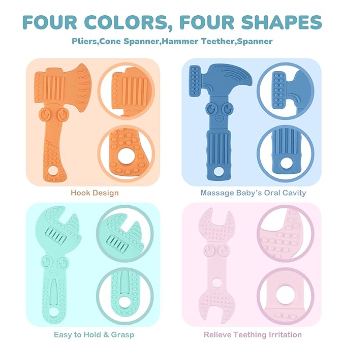 TYRY.HU Baby Teething Toys for Babies, Baby Teether Toys, BPA Free Silicone Baby Molar Teether Chew Toys, Hammer Wrench Spanner Pliers for Boys Girls, Soft-Textured, Easy to Hold & Clean, 4 Packs