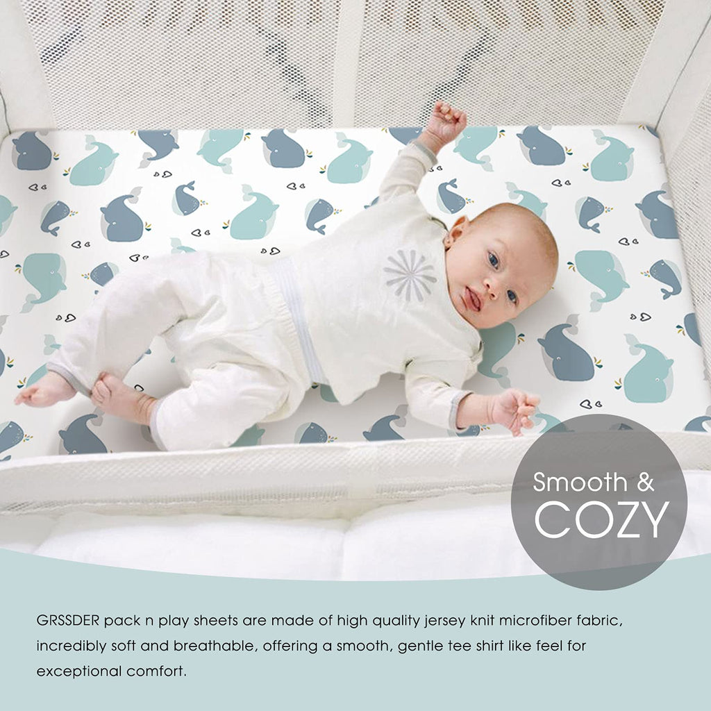 GRSSDER Stretchy Ultra Soft Jersey Knit Fitted Pack n Play Sheets Set 2 Pack, Portable/Mini Cribs Playards Sheets, Universal Fitted Pack and Play Mattress Sheets, Lovely Whale for Girls and Boys