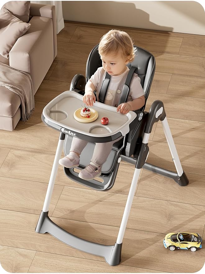 High Chair, Foldable High Chairs for Babies and Toddlers with Removable Tray, Height Adjustable Feeding Chair, Adjustable Backrest and Footrest, Black