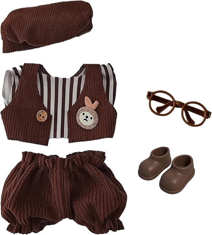 17cm Doll Clothes, Accessories for 15/17cm Dolls Clothes Headband + Overalls, Dolls Keychain Accessories, No Doll Included (Brown Gentleman)