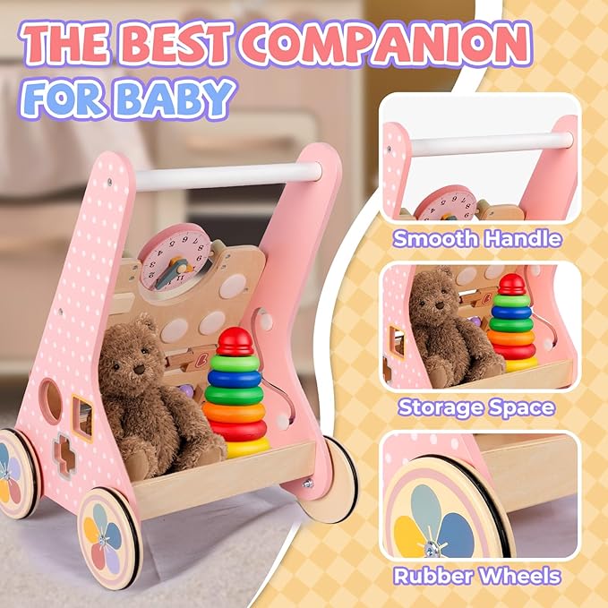 Wooden Baby Walker, Push Walker for Baby Girl 6-12 Months, Montessori Walker Push Toy for Toddlers Learning to Walk