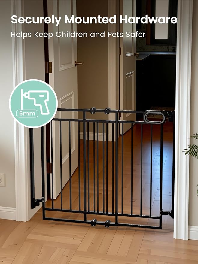 Grownsy No Bottom Bar Baby Gate for Stairs, Adjustable Width 32” to 48” for Child and Pet, Dog Gate with Auto-Close & One-Hand Operation, Hardware-Mounted Installation for Doorways and Indoor,Black
