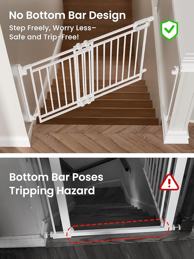 Grownsy Baby Gate for Stairs- No Bottom Bar, Adjustable Width 29.8” to 43.5” for Child and Pet, Dog Gate with Auto-Close & One-Hand Operation, Hardware-mounted Installation for Doorways and Indoor Use