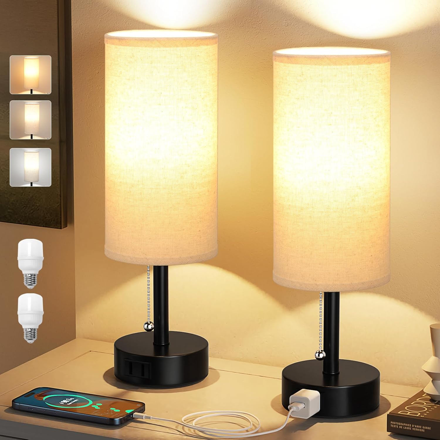 Bedside Table Lamps Set of 2-3 Color Temperatures Pull Chain Lamp with AC Outlet Charging Port, Round Night Stand Lamps for Bedroom Guest Room Office, Small Bed Side Light with E26 LED Bulbs