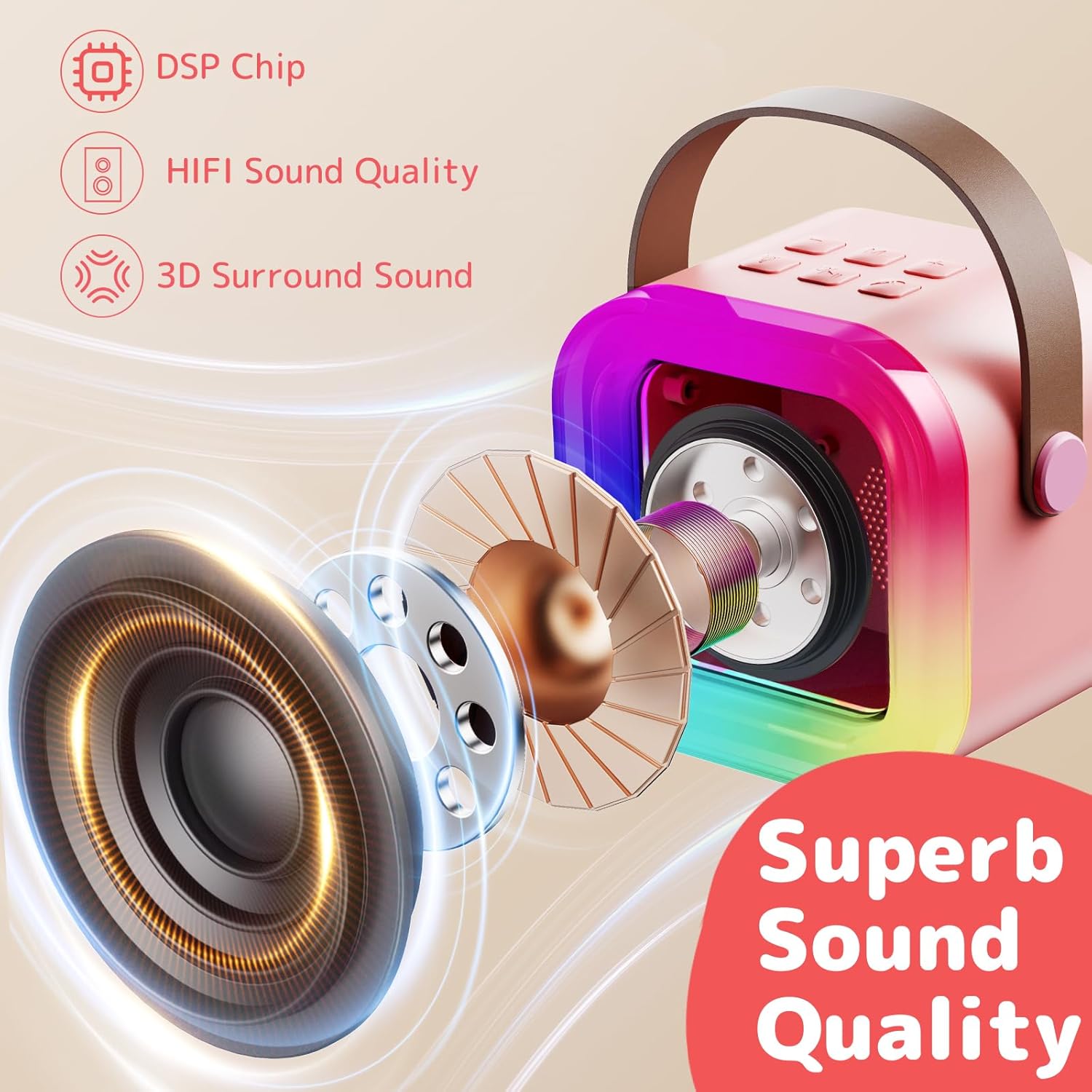 Fede Karaoke Machine for Kids Adults, Mini Karaoke Machine with 2 Wireless Microphones, Portable Bluetooth Speaker with Voice Changing Effects & LED Lights, Best Gifts Toys for Girls and Boys