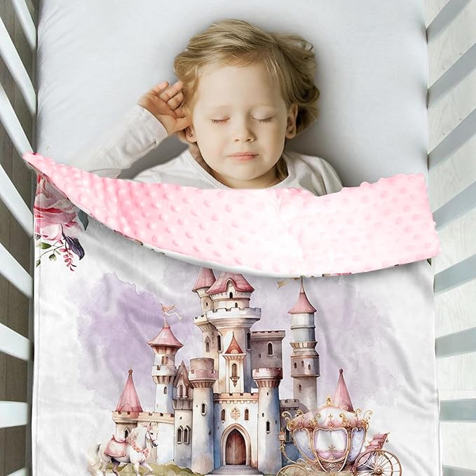 Personalized Baby Blankets for Girls, Custom Name Floral Castle Pattern Baby Blanket, Soft Minky Dot Blanket for Newborns and Toddlers, Ideal for Baby Showers Christmas Brithday Gifts