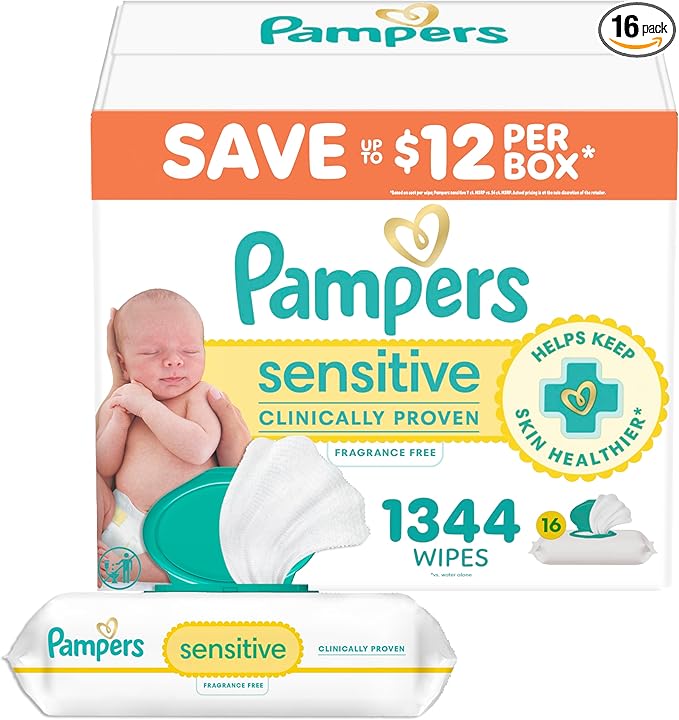 Pampers Baby Wipes, Sensitive, Water Based Wipe, Clinically Proven, Hypoallergenic, and Unscented for Babies, 1344 Wipes Total (16 Flip-Top Packs) [Packaging May Vary]