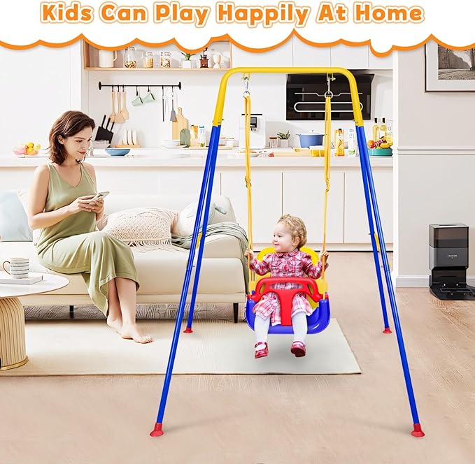 4-in-1 Toddler Swing Set & Baby Jumper and Bouncer for Toddlers, Foldable Baby Swing Stand for Outdoor Indoor Play, Easy to Assemble and Store for Ages 6 Months to 10 Years Old (Blue)