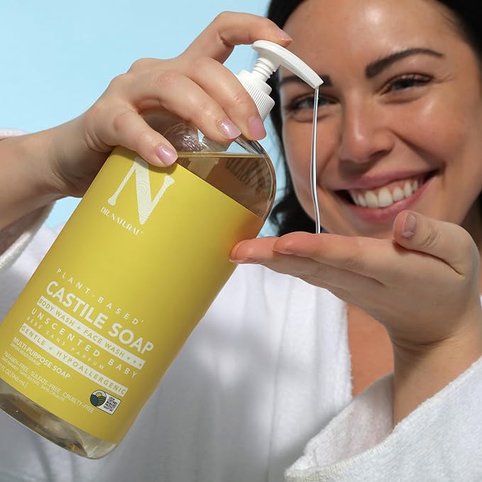 Dr. Natural Castile Liquid Soap - Multi-Use Body Wash, Shampoo and Face Wash - Body Soap for Skin, Hair, Pets and Home - Unscented Baby - 32 oz.