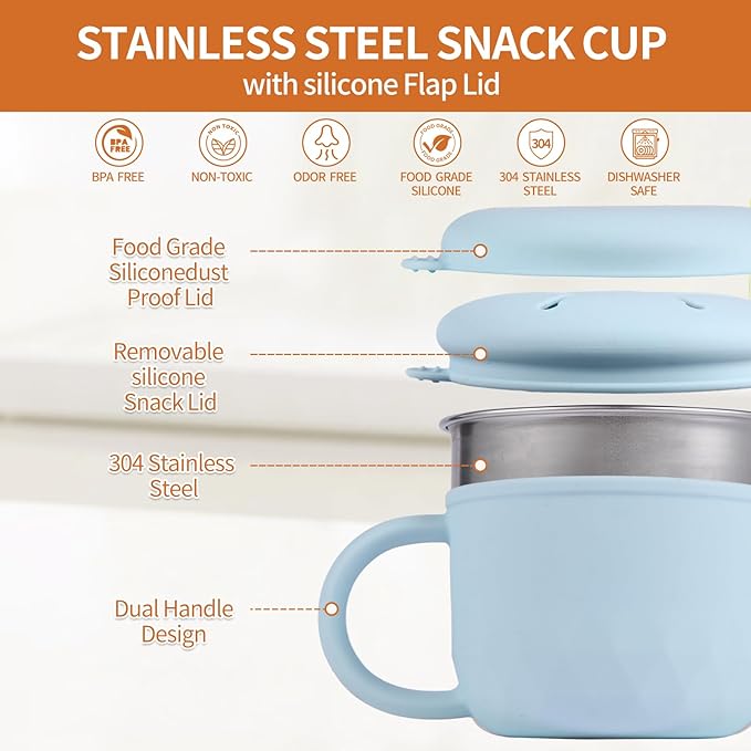 Toddler Cups Spill Proof,Toddler Snack Cups No Spill,304 Stainless Steel Snack Containers with Silicone Petal Lid for Kids,Snack Holder,BPA-Free, Dishwasher Safe