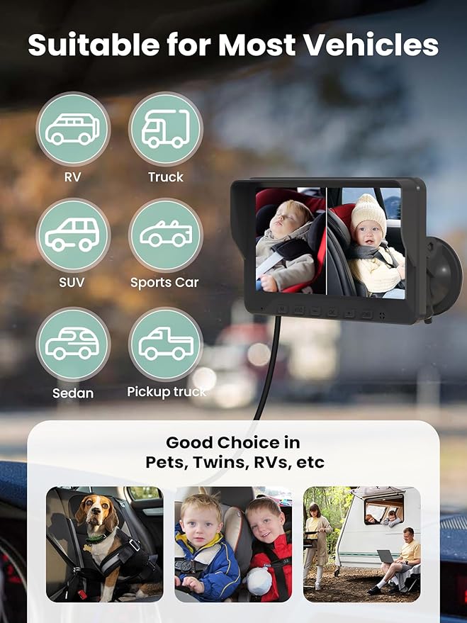 GROWNSY Dual Car Camera Baby Monitor, 7" 1080P AHD Car Camera for 2kids, Backseat Mirror for Baby Rear Facing with Infrared Night Vision, Easily Observe Baby's Every Move