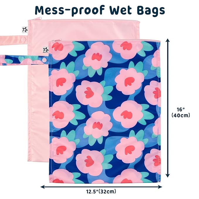Tiny Twinkle Mess-Proof Waterproof Wet Dry Bag | 2-Pack Reusable Wet Bags for Swimsuits & Baby Clothes | Leakproof Wet Bag for Travel & Diaper Changes for Baby (Blue Floral)