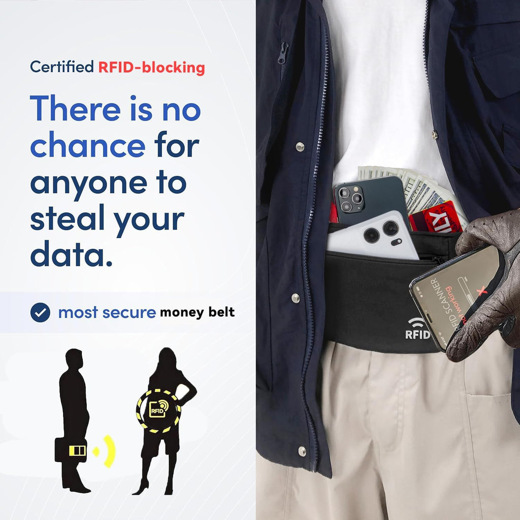 Travel Money Belt for Men and Women hidden slim passport holder - travel wallet with RFID blocking under clothes to protect Cash, Credit Cards and Documents (BLACK)