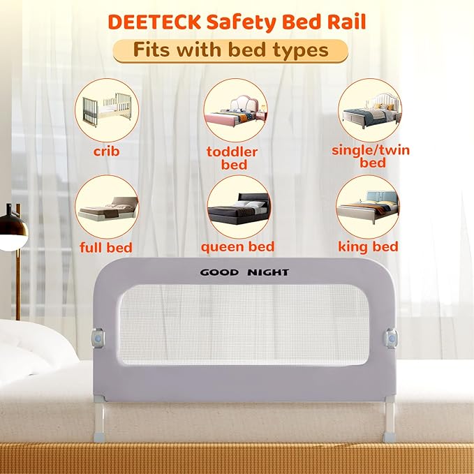 Bed Guard Rail for Toddlers - 32" Adjustable Heights & Folding up Portable Bed Railing for Baby - Toddler Bed Rails Guard for Crib, Twin, Bunk,Full Size, Queen & King Bed(Grey)