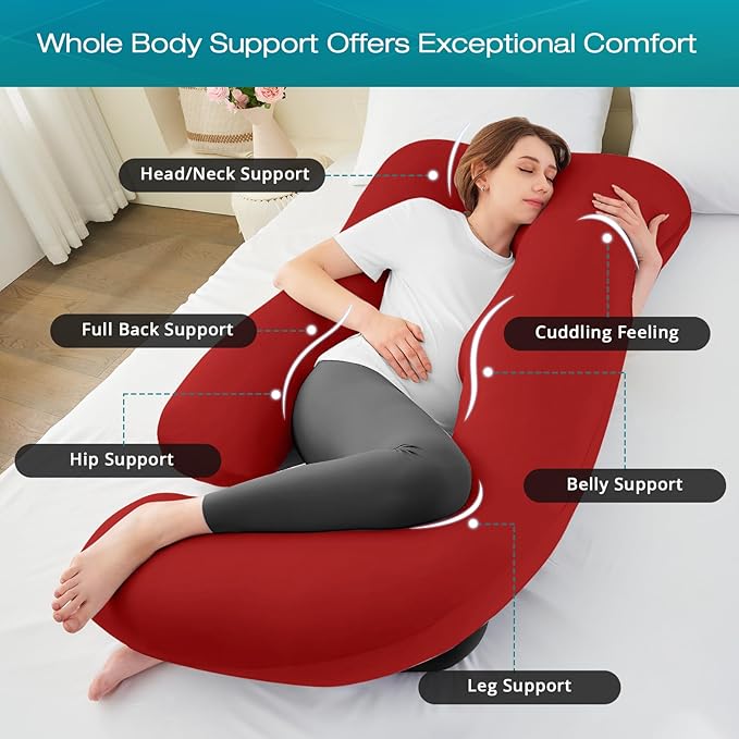 Sasttie Pregnancy Pillows for Sleeping, U Shaped Cooling Full Body Pillow with Removable Cover, Pregnant Women Must Haves, Maternity Essential, Red