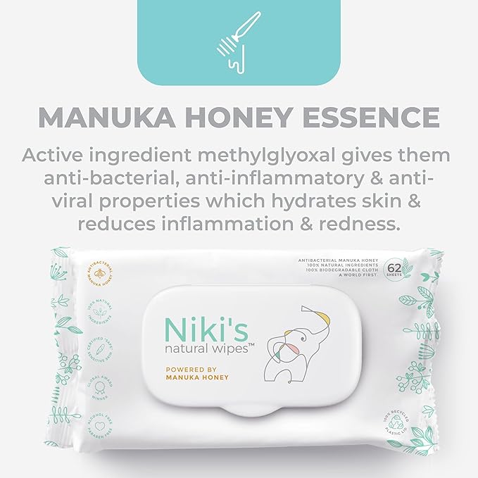 Niki's Natural Baby Wipes | Sensitive Organic Baby Wipes | Made with Manuka Honey and Coconut Oil, No Added Scents | EWG Verified | 248 Wipes (4 Pack x 62 Count Wipes)