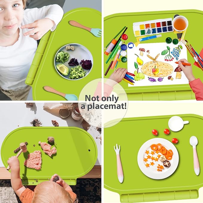 Kids Silicone Placemats, Baby Placemats with Food Catching for Kids Toddler Children Reusable Non-Slip Table Mats Baby Food Mats for Restaurant (Dark Green)