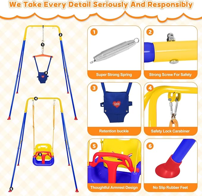 4-in-1 Toddler Swing Set & Baby Jumper and Bouncer for Toddlers, Foldable Baby Swing Stand for Outdoor Indoor Play, Easy to Assemble and Store for Ages 6 Months to 10 Years Old (Blue)