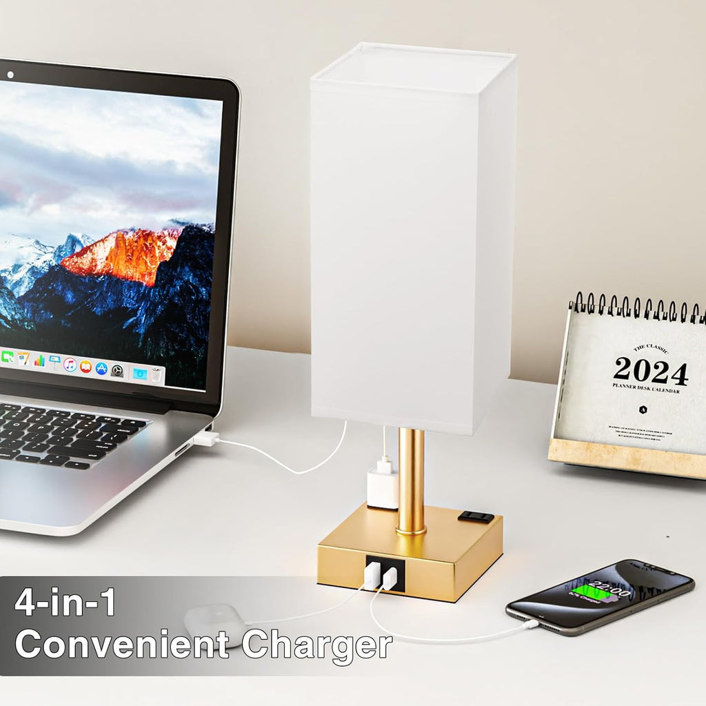 Gold White Touch Table Lamp - Bedside Lamp with USB A + Type C Charging Ports and Two AC Outlets, Small Night Stand with E26 LED Bulb, Desk Light for Bedroom Living Room Office Dorm
