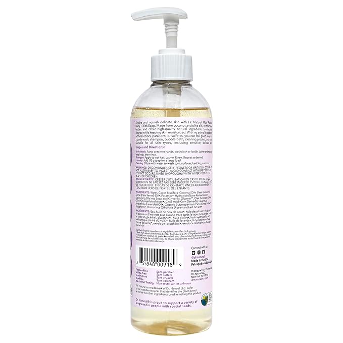 Dr. Natural Multi-Purpose Baby Plus Kids Soap - Body Wash and Shampoo - Gentle Soap with Shea Butter - Newborn Safe - Lavender - 16 oz