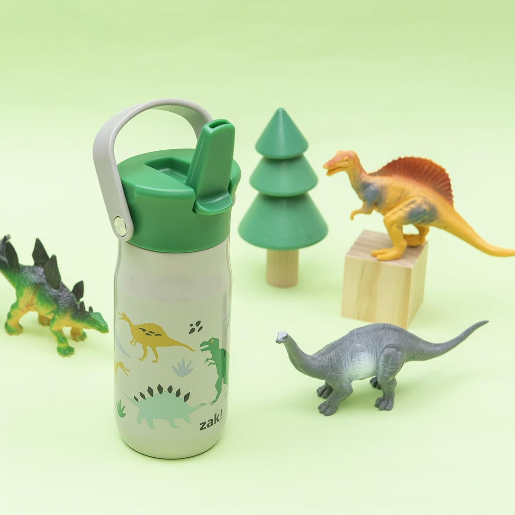 Zak Designs Harmony Kid Water Bottle for Travel or At Home, 14oz Stainless Steel is Leak-Proof and Vacuum Insulated (Dinosaur)