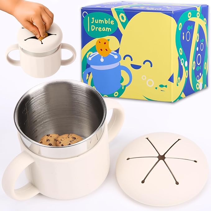 Jumble Dream Stainless Steel Baby Snack Cup for Toddlers Kids – Spill-Proof Silicone Snack Container – BPA-Free Non-Toxic Dishwasher Safe Food-Grade Stainless Steel for Baby Snacks 6m+ to 3+ Years