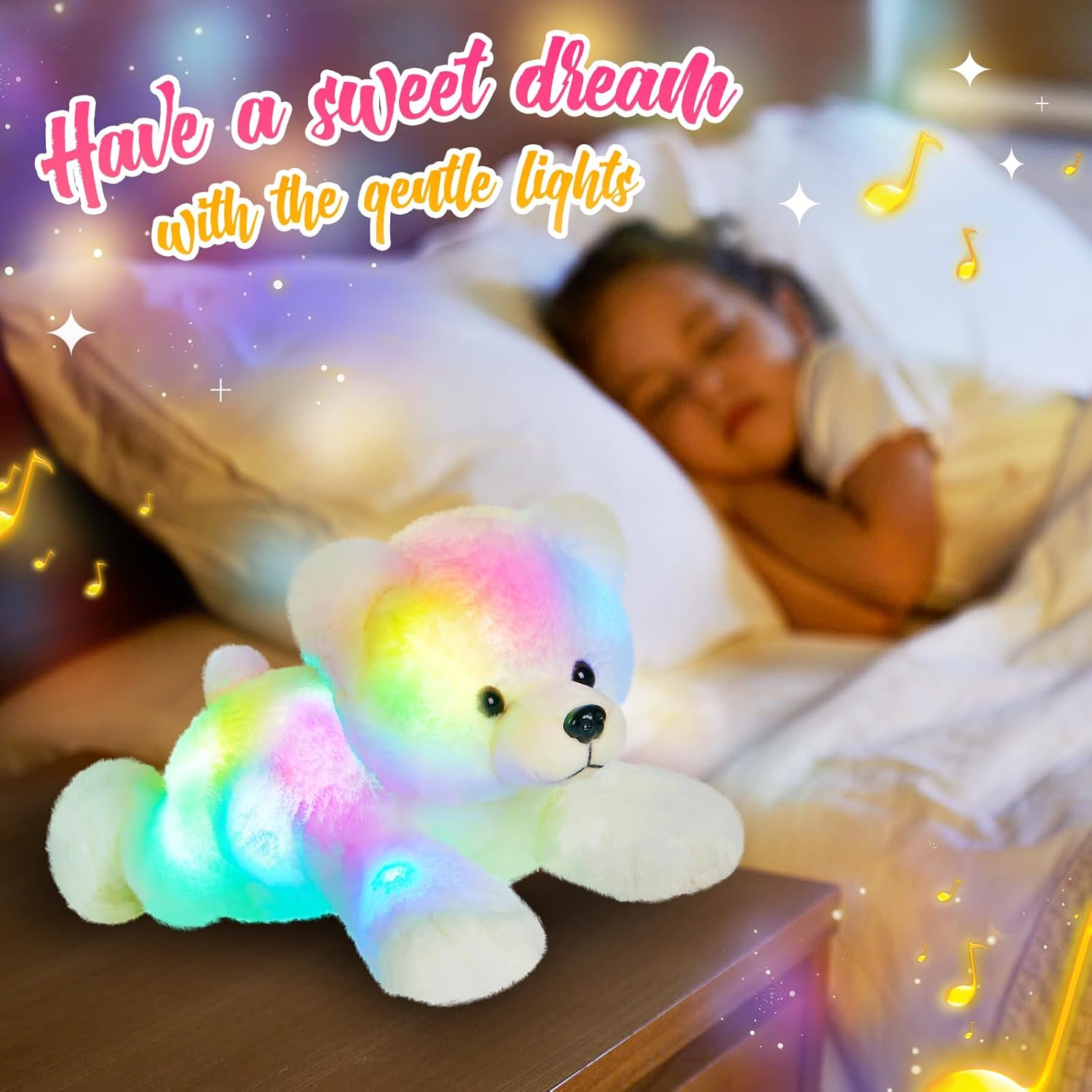 Glow Guards 14" Musical Light up Polar Bear Stuffed Animal,LED Singing Soft Plush Toy with Rainbow Night Lights&Lullaby Glow in The Dark,Birthday Children's Day Idael Gift for Toddler Kids