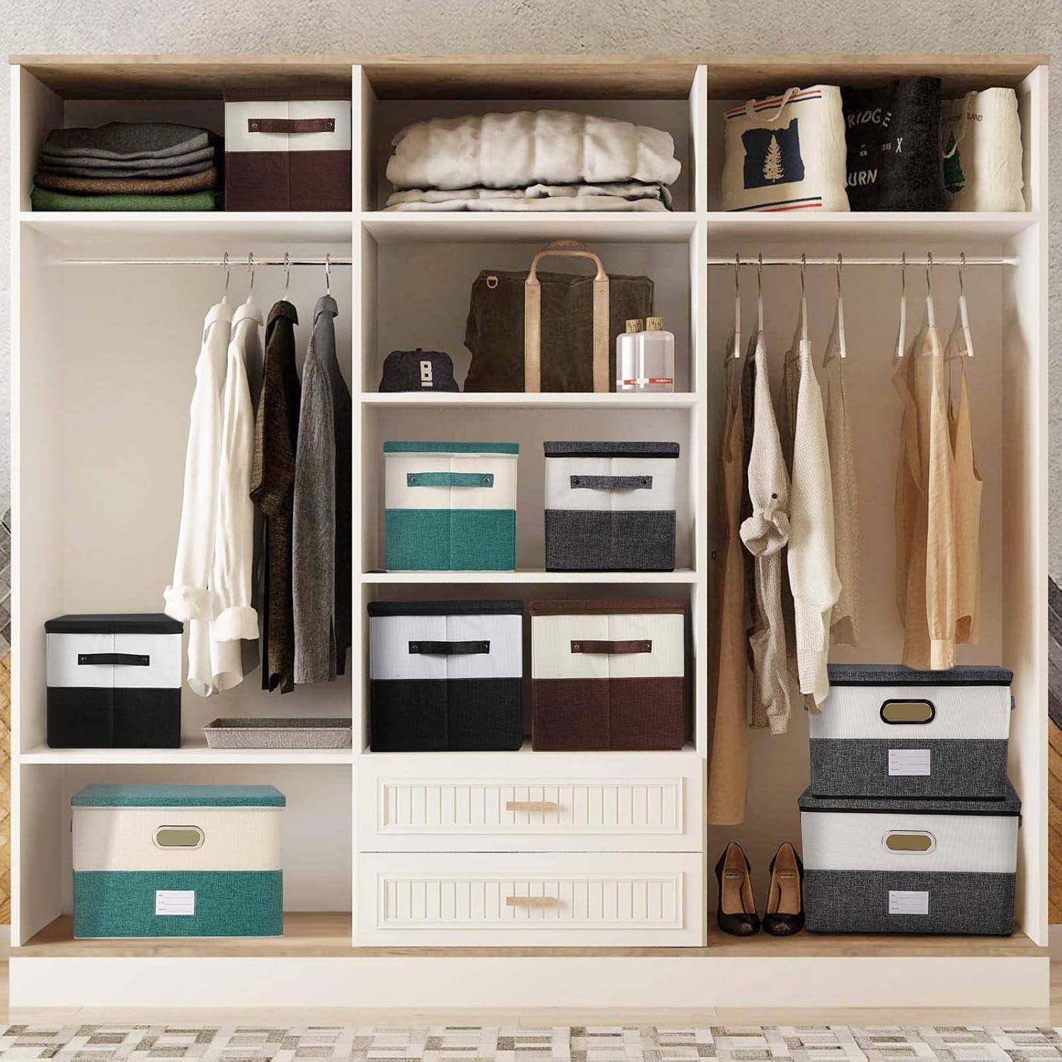 Large Linen Fabric Foldable Storage Bins with Removable Lid and Handles, Washable Storage Box Organizer Containers Baskets Cube with Cover for Bedroom,Closet,Office (Coffee&Cream, Medium)